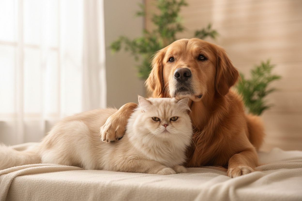 Erstelle ein Bild Von eine Katze und einem Hund für meine Webseite 